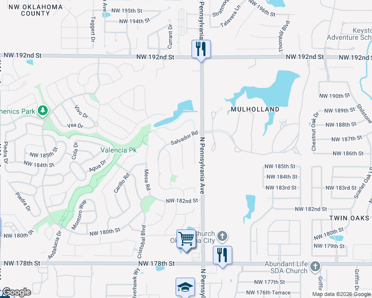 map of restaurants, bars, coffee shops, grocery stores, and more near 18604 Alberto Place in Edmond