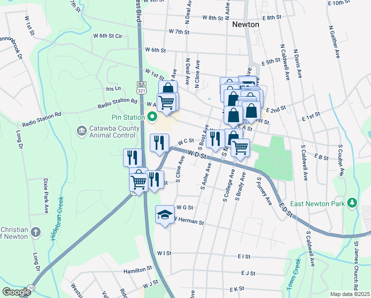 map of restaurants, bars, coffee shops, grocery stores, and more near 222 West D Street in Newton
