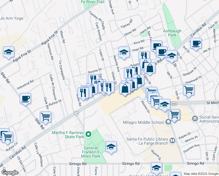 map of restaurants, bars, coffee shops, grocery stores, and more near 2301 Cerrillos Road in Santa Fe