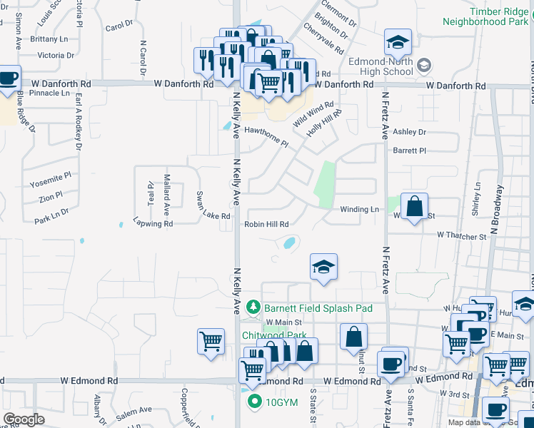 map of restaurants, bars, coffee shops, grocery stores, and more near 712 Willow Ridge Place in Edmond