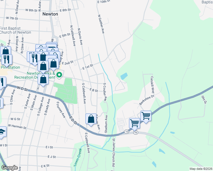 map of restaurants, bars, coffee shops, grocery stores, and more near 105 South Coulter Avenue in Newton