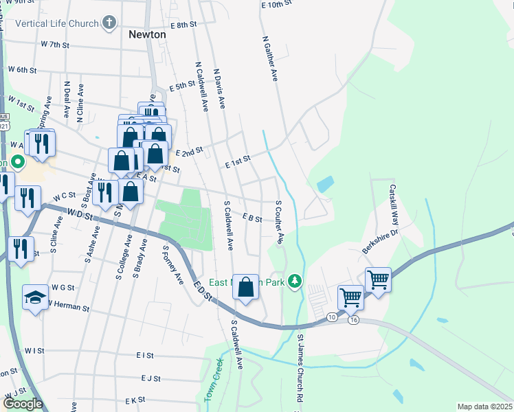 map of restaurants, bars, coffee shops, grocery stores, and more near 617 East A Street in Newton