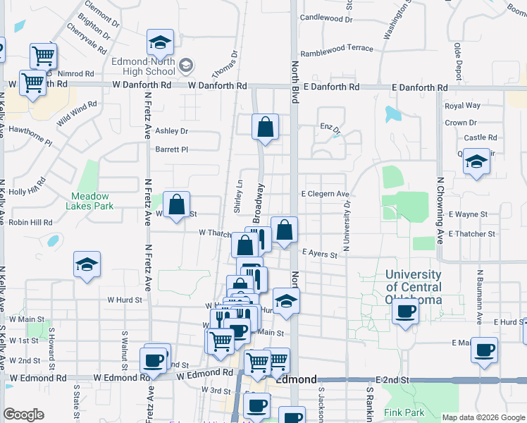 map of restaurants, bars, coffee shops, grocery stores, and more near 601 North Broadway in Edmond
