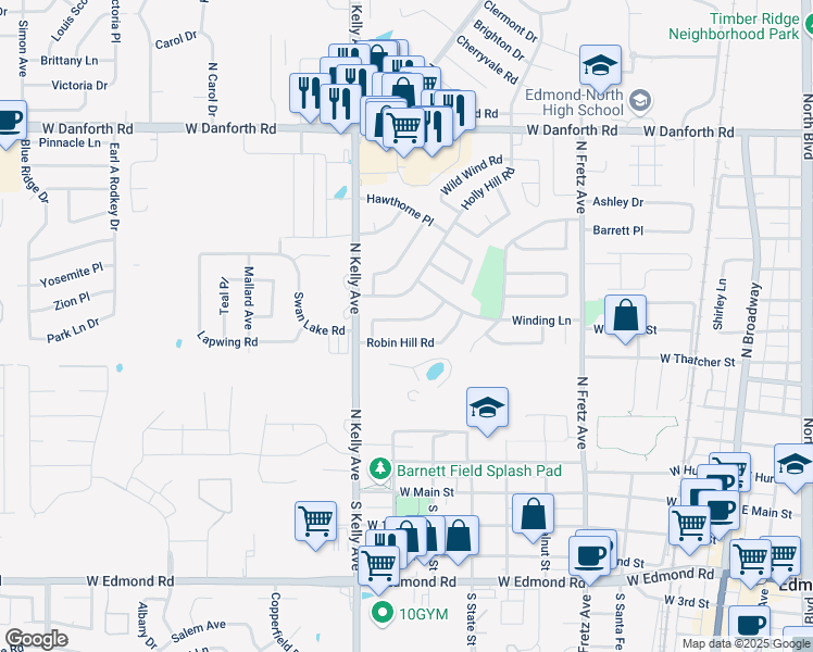 map of restaurants, bars, coffee shops, grocery stores, and more near 708 Willow Ridge Place in Edmond