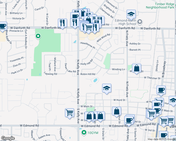 map of restaurants, bars, coffee shops, grocery stores, and more near 712 Willow Ridge Place in Edmond
