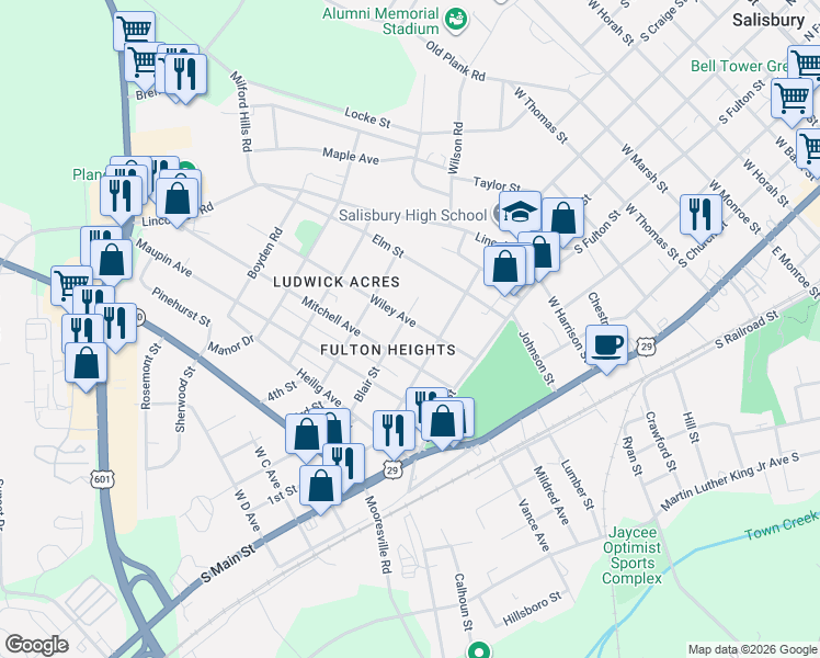 map of restaurants, bars, coffee shops, grocery stores, and more near 223 Wiley Avenue in Salisbury