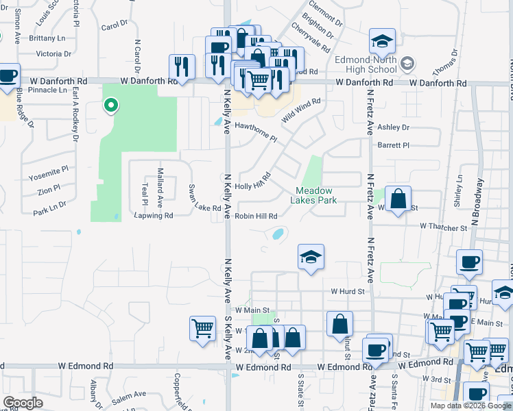 map of restaurants, bars, coffee shops, grocery stores, and more near 708 Willow Ridge Place in Edmond