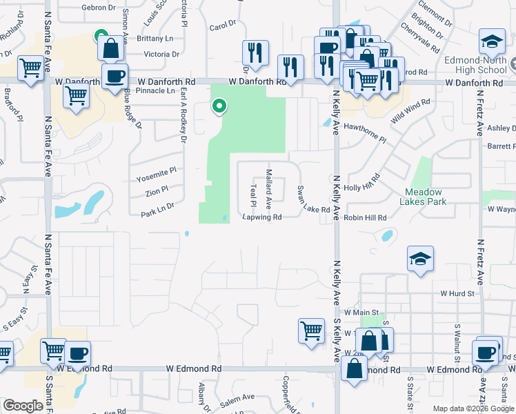 map of restaurants, bars, coffee shops, grocery stores, and more near 705 Teal Place in Edmond