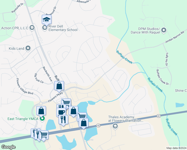 map of restaurants, bars, coffee shops, grocery stores, and more near 48 South Grey Abbey Drive in Clayton