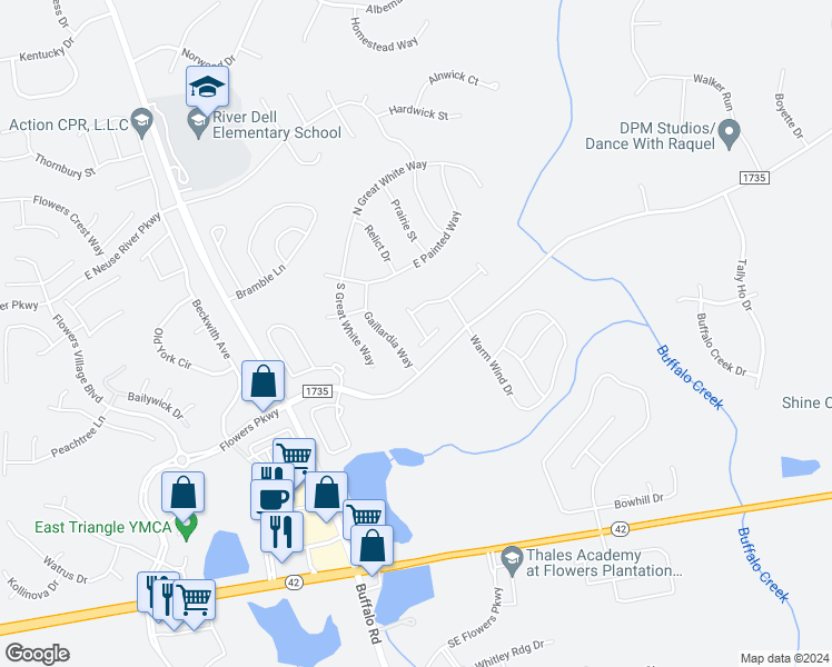 map of restaurants, bars, coffee shops, grocery stores, and more near 48 South Grey Abbey Drive in Clayton