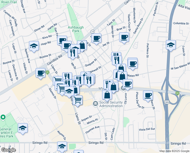 map of restaurants, bars, coffee shops, grocery stores, and more near 1765 Mann Street in Santa Fe