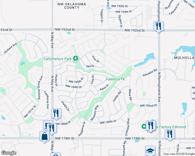 map of restaurants, bars, coffee shops, grocery stores, and more near 2521 Northwest 185th Street in Edmond