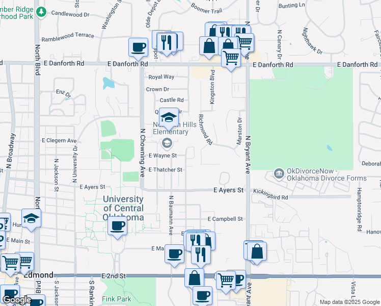 map of restaurants, bars, coffee shops, grocery stores, and more near 600 North Blackwelder Avenue in Edmond