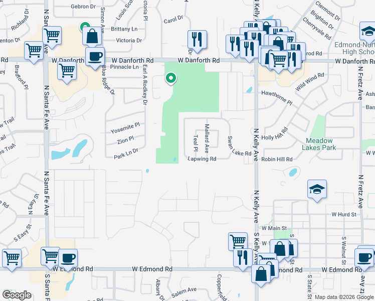 map of restaurants, bars, coffee shops, grocery stores, and more near 704 Lapwing Road in Edmond