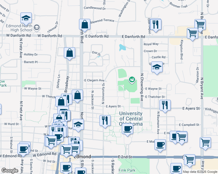 map of restaurants, bars, coffee shops, grocery stores, and more near 100 North University Drive in Edmond