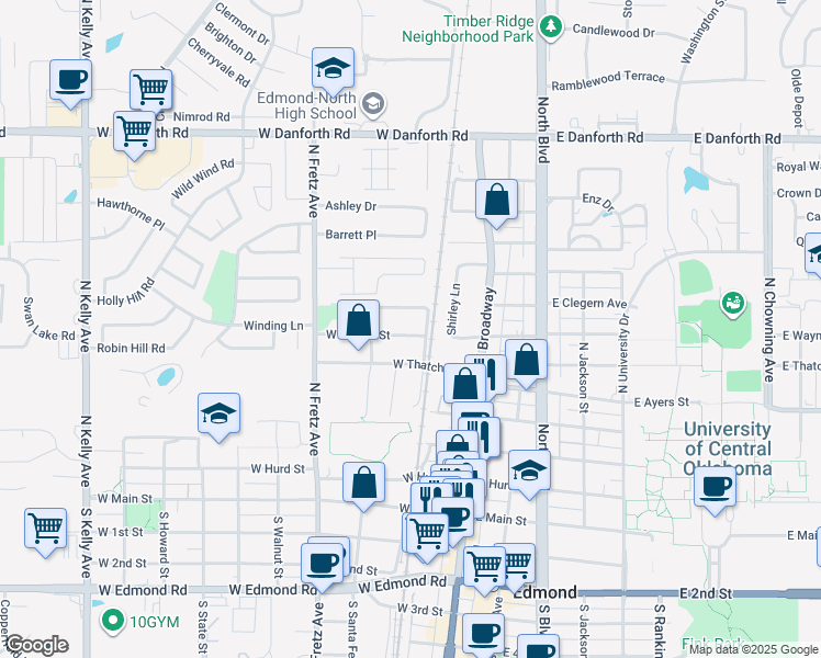 map of restaurants, bars, coffee shops, grocery stores, and more near 115 West Wayne Street in Edmond