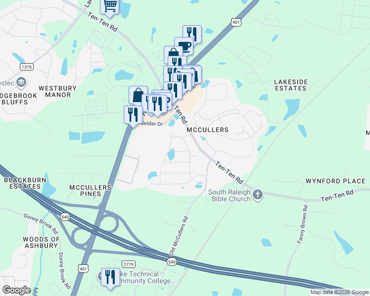 map of restaurants, bars, coffee shops, grocery stores, and more near 2001 Ginseng Lane in Raleigh