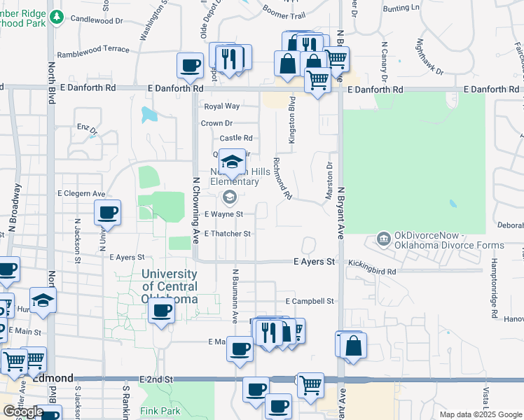 map of restaurants, bars, coffee shops, grocery stores, and more near 600 North Blackwelder Avenue in Edmond