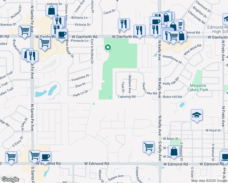 map of restaurants, bars, coffee shops, grocery stores, and more near 709 Lapwing Road in Edmond