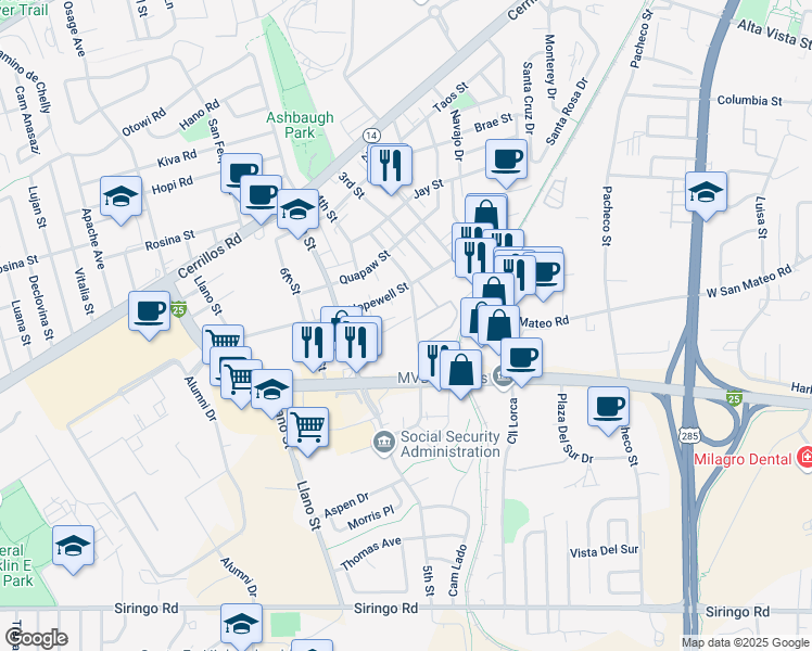 map of restaurants, bars, coffee shops, grocery stores, and more near 1752 Mann Street in Santa Fe