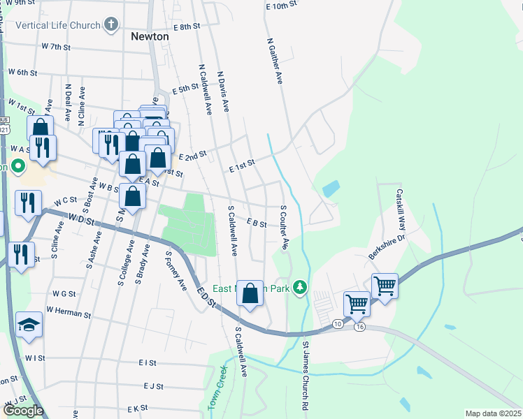 map of restaurants, bars, coffee shops, grocery stores, and more near 617 East A Street in Newton