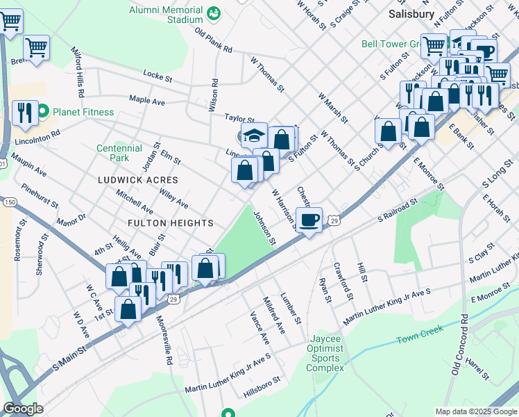 map of restaurants, bars, coffee shops, grocery stores, and more near 224 Johnson Street in Salisbury