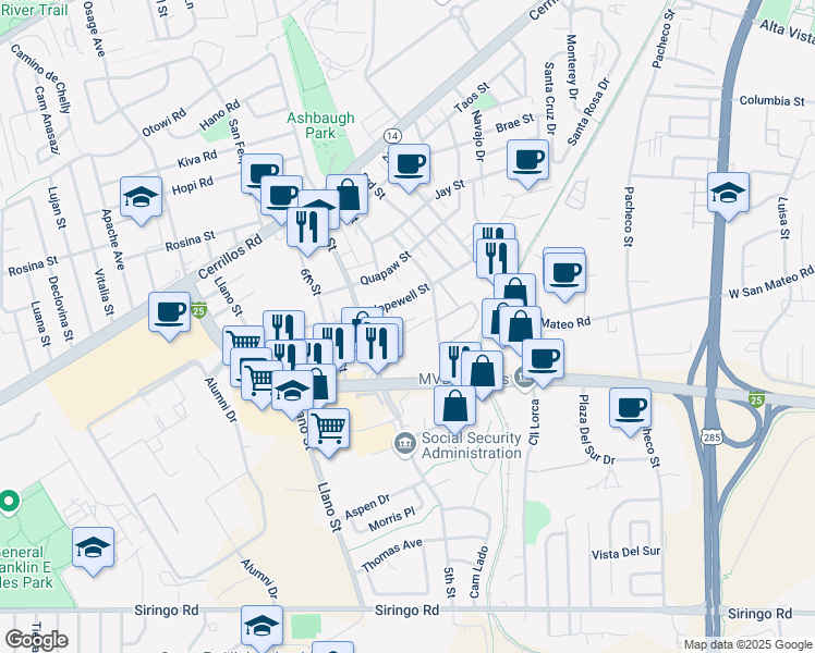 map of restaurants, bars, coffee shops, grocery stores, and more near 1763 Mann Street in Santa Fe