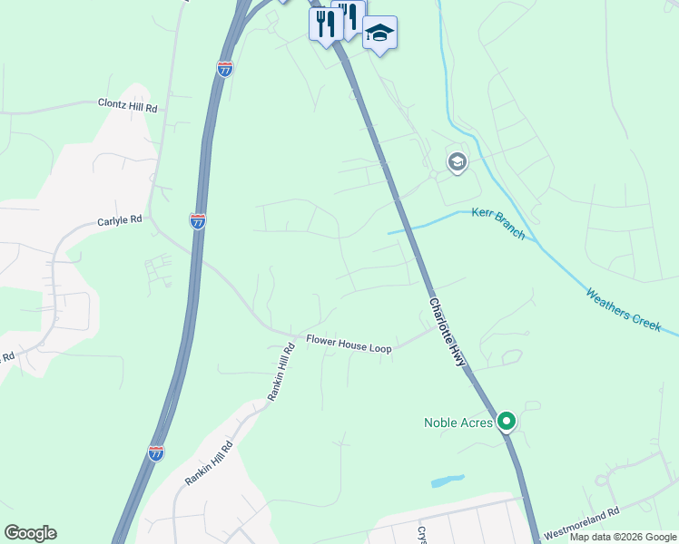 map of restaurants, bars, coffee shops, grocery stores, and more near 118 Weatherstone Lane in Troutman