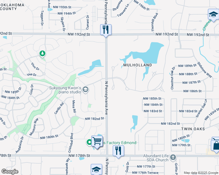 map of restaurants, bars, coffee shops, grocery stores, and more near 18609 Wolf Creek Drive in Edmond