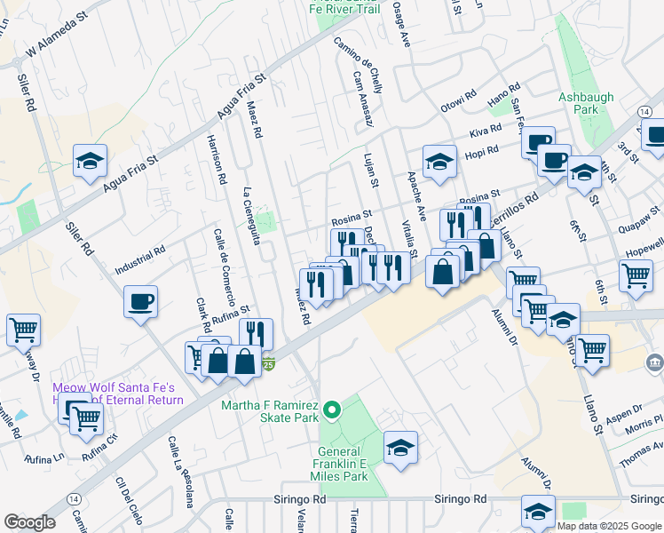 map of restaurants, bars, coffee shops, grocery stores, and more near 1400 Maclovia Street in Santa Fe