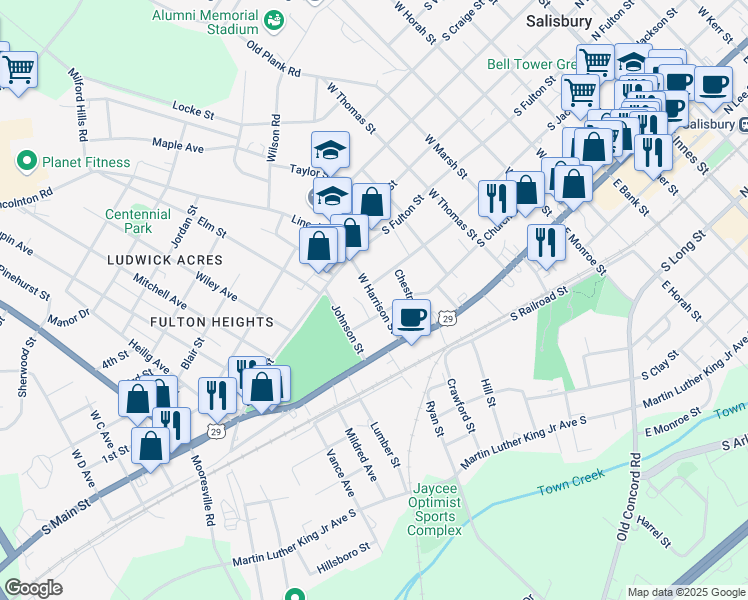 map of restaurants, bars, coffee shops, grocery stores, and more near 207 West Harrison Street in Salisbury