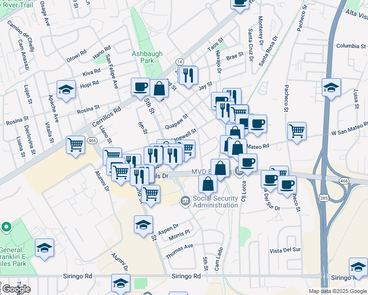 map of restaurants, bars, coffee shops, grocery stores, and more near 1769 Mann Street in Santa Fe