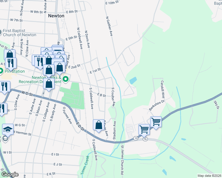 map of restaurants, bars, coffee shops, grocery stores, and more near 105 South Coulter Avenue in Newton