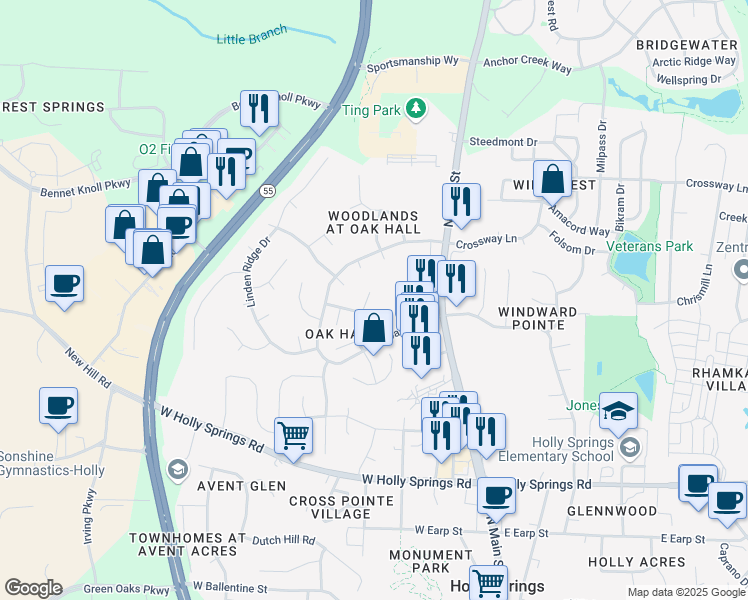 map of restaurants, bars, coffee shops, grocery stores, and more near 1008 Starkland Way in Holly Springs