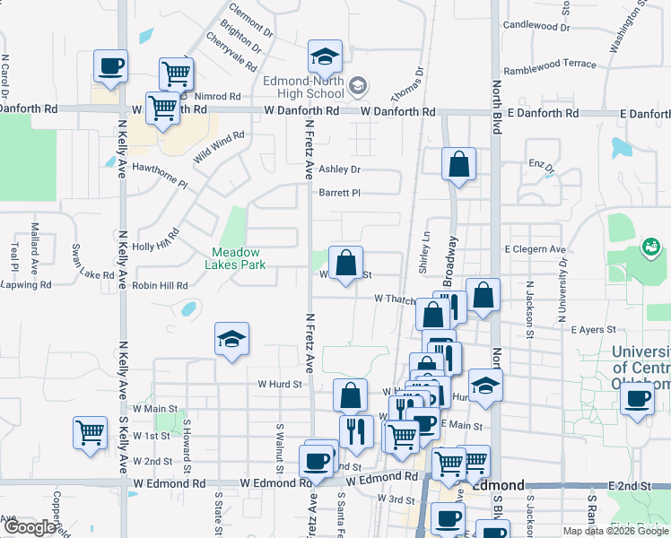 map of restaurants, bars, coffee shops, grocery stores, and more near 232 West Wayne Street in Edmond