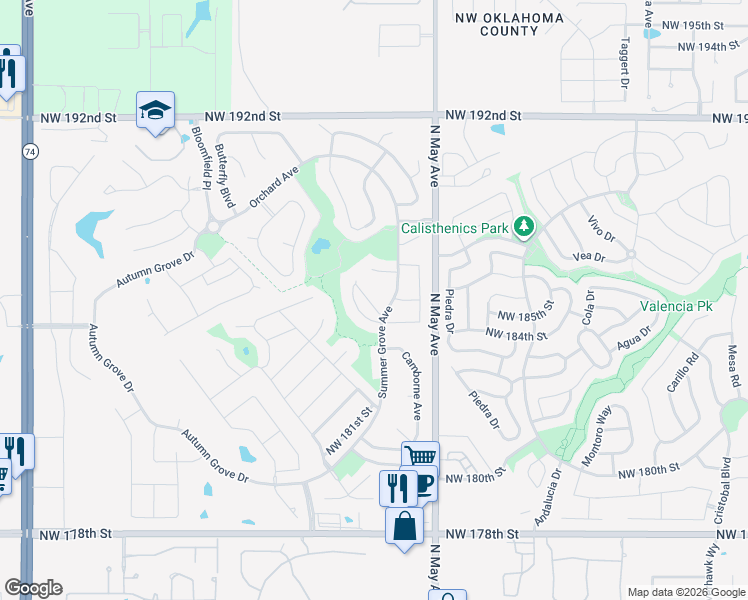 map of restaurants, bars, coffee shops, grocery stores, and more near 18529 Melogold Drive in Edmond