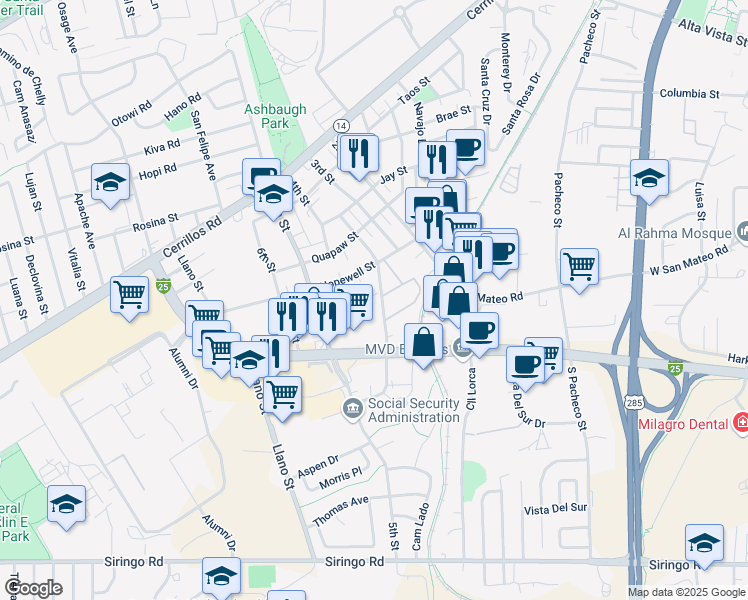 map of restaurants, bars, coffee shops, grocery stores, and more near 1752 Mann Street in Santa Fe