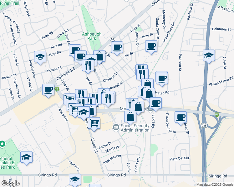 map of restaurants, bars, coffee shops, grocery stores, and more near 1761 Mann Street in Santa Fe