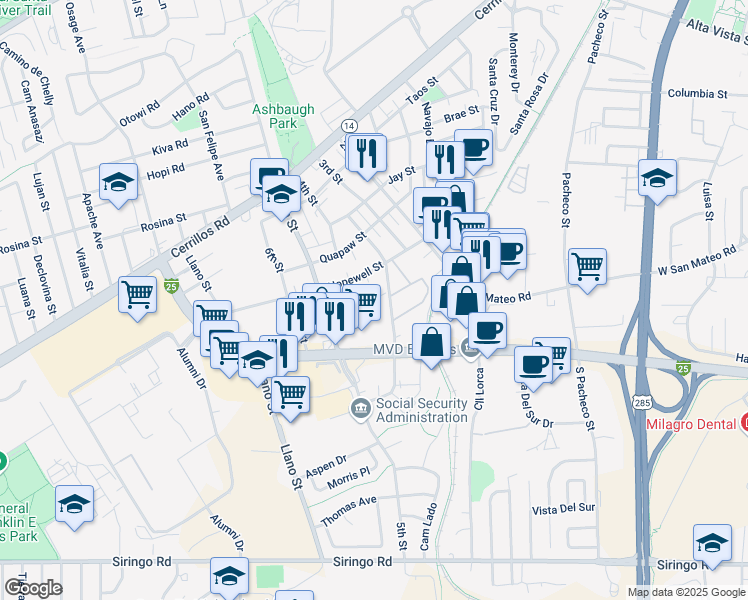 map of restaurants, bars, coffee shops, grocery stores, and more near 1754 Mann Street in Santa Fe