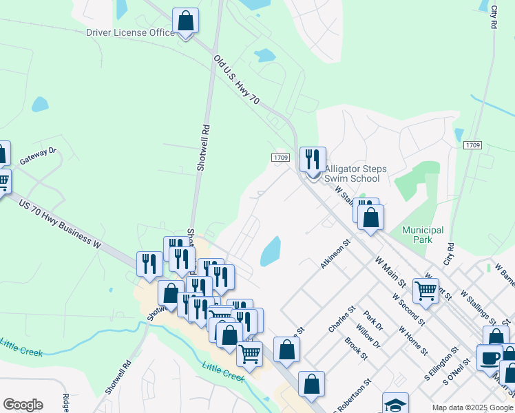map of restaurants, bars, coffee shops, grocery stores, and more near 230 Enterprise Drive in Clayton