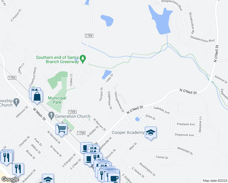 map of restaurants, bars, coffee shops, grocery stores, and more near 213 Georgetowne Drive in Clayton