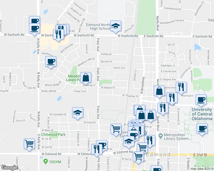 map of restaurants, bars, coffee shops, grocery stores, and more near 217 West Wayne Street in Edmond
