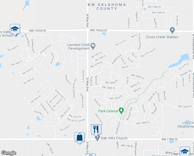 map of restaurants, bars, coffee shops, grocery stores, and more near 18524 Rastro Drive in Edmond