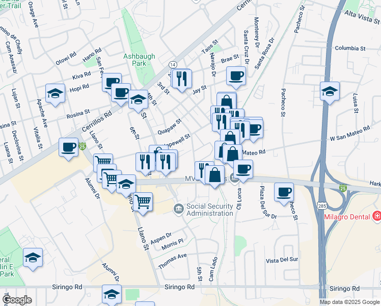 map of restaurants, bars, coffee shops, grocery stores, and more near 1750 Mann Street in Santa Fe