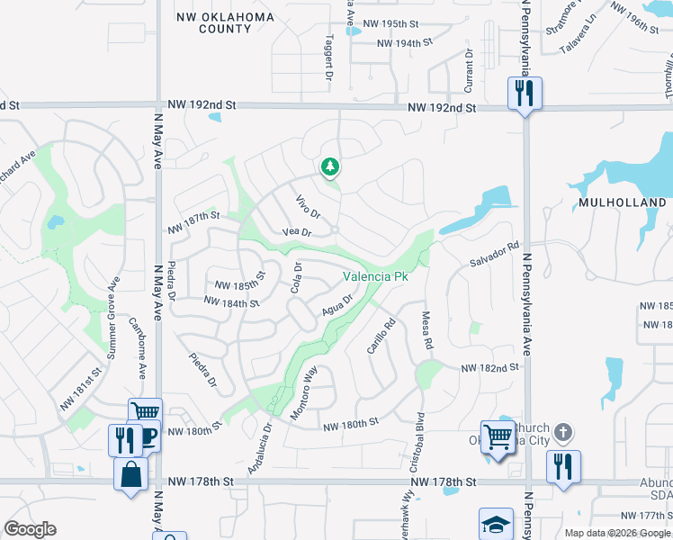 map of restaurants, bars, coffee shops, grocery stores, and more near 18613 Abierto Drive in Edmond