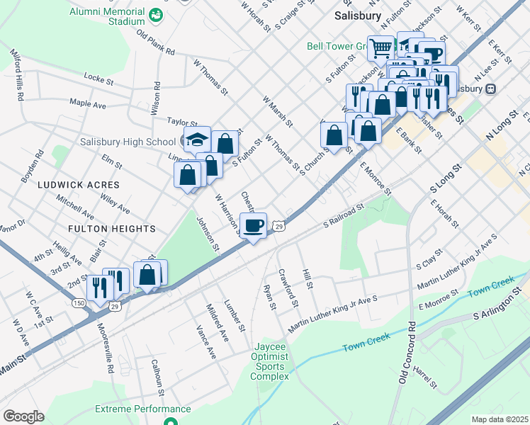 map of restaurants, bars, coffee shops, grocery stores, and more near 819 South Church Street in Salisbury
