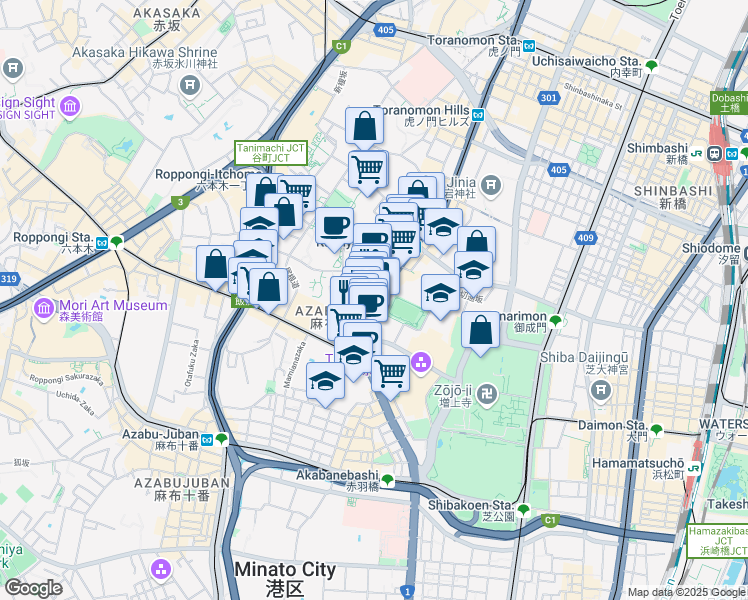 map of restaurants, bars, coffee shops, grocery stores, and more near in Minato City