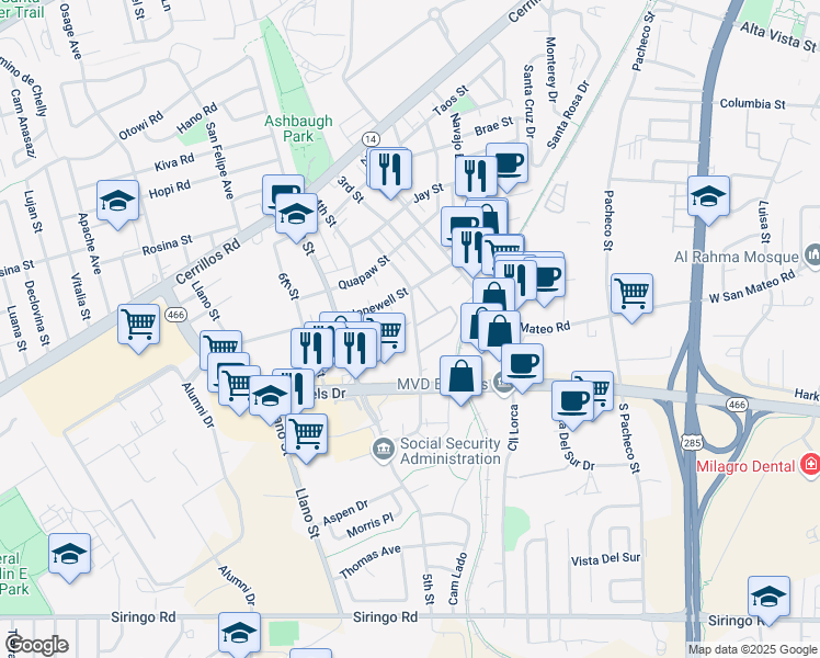 map of restaurants, bars, coffee shops, grocery stores, and more near 1750 Mann Street in Santa Fe