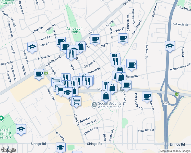 map of restaurants, bars, coffee shops, grocery stores, and more near 1759 Mann Street in Santa Fe