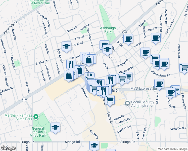 map of restaurants, bars, coffee shops, grocery stores, and more near 1601 Saint Michaels Drive in Santa Fe